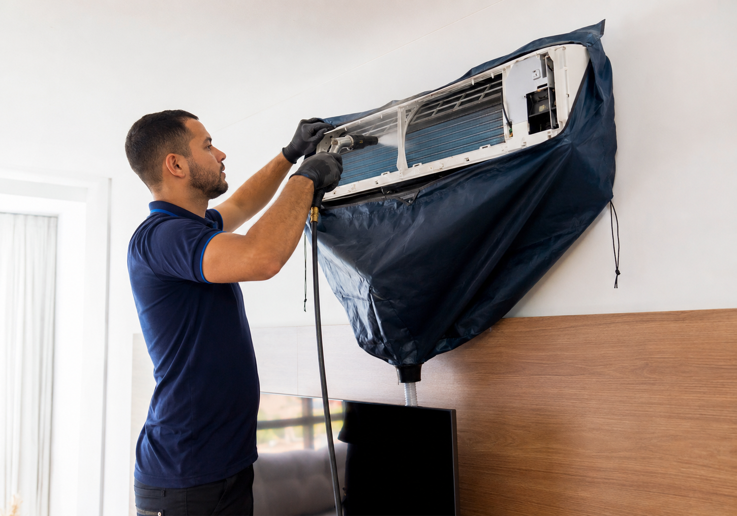 Profissional realizando limpeza de aparelho de ar-condicionado residencial