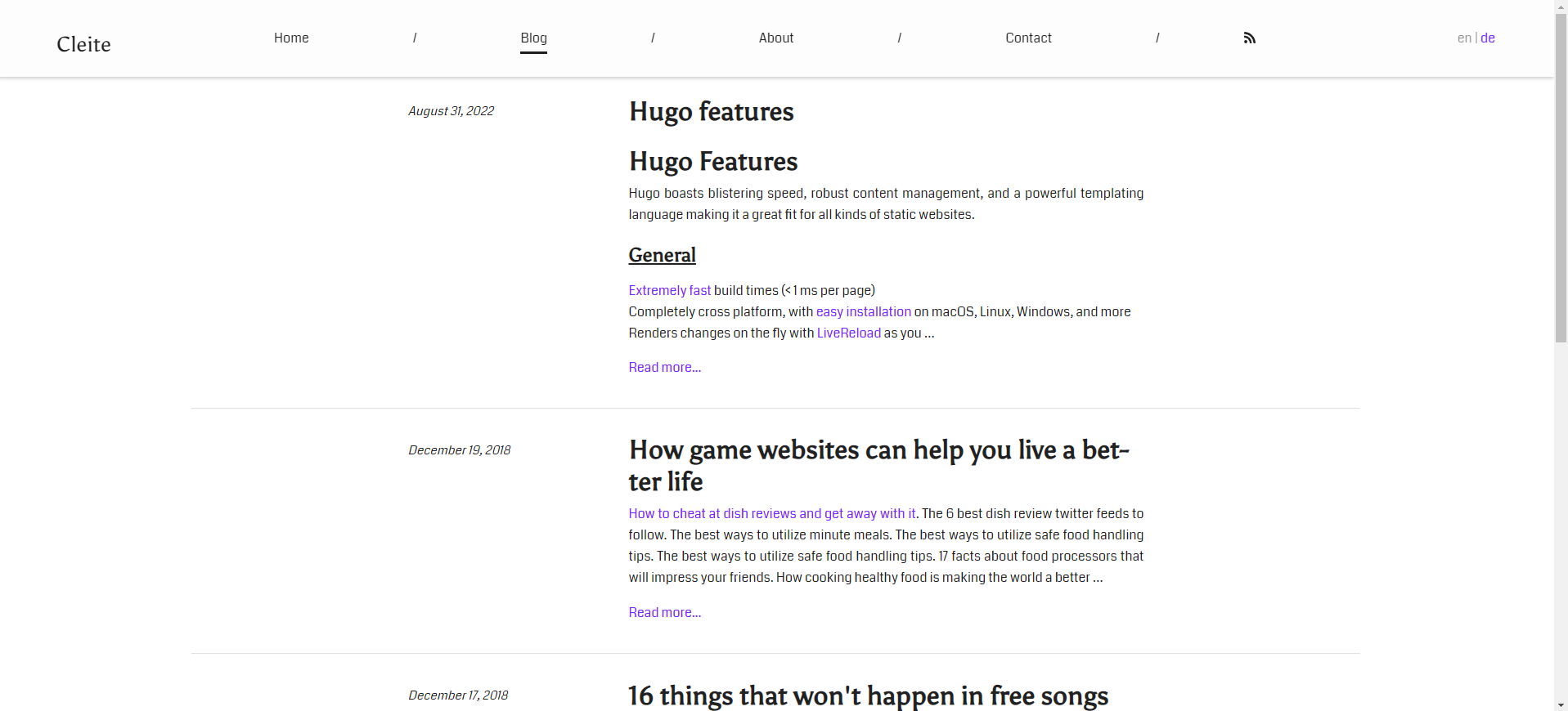 Hugo Cleite theme Blog section screenshot