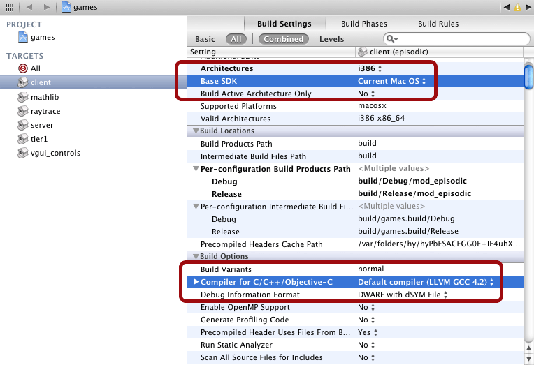 Xcode on Mac OSX, showing the target settings required to build.