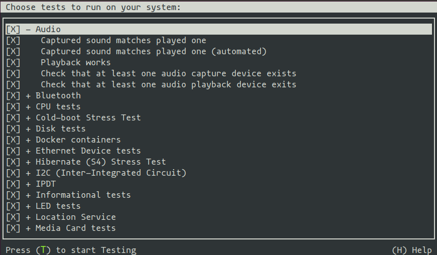 Test selection screen in Checkbox