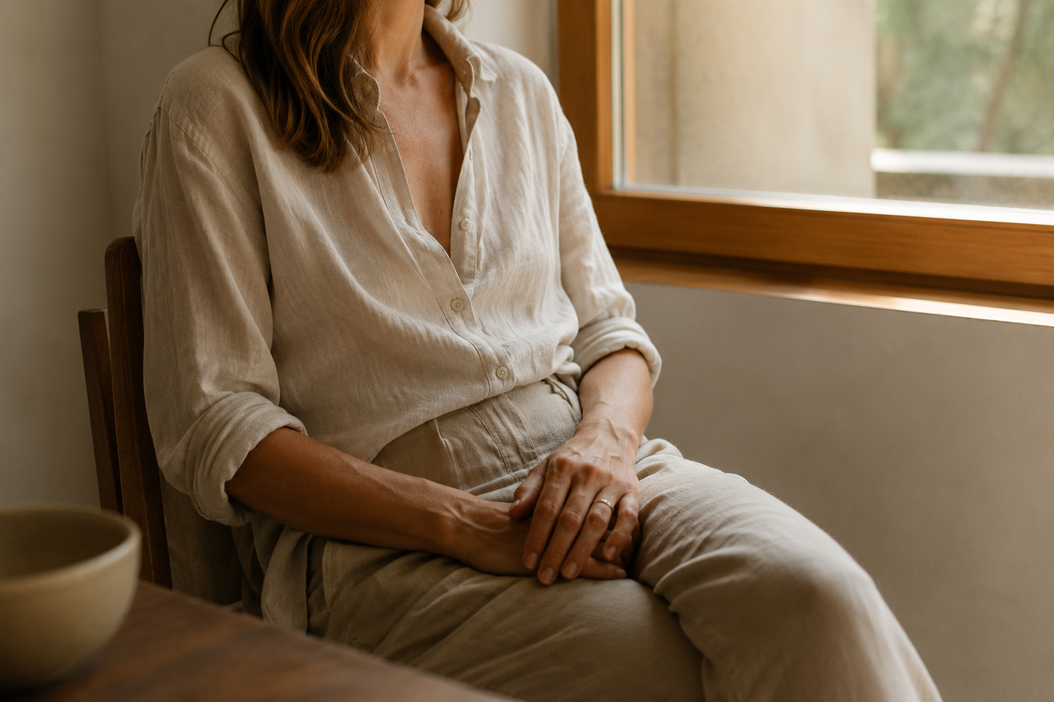 Woman sitting peacefully in natural light focusing on body awareness
