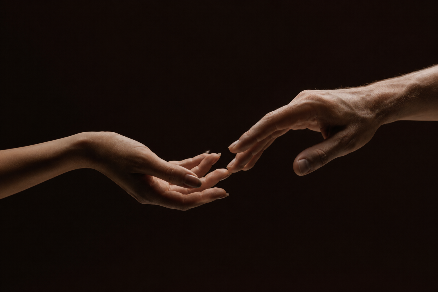 Two hands reaching toward each other in a dark space