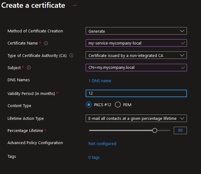 Create a certificate request