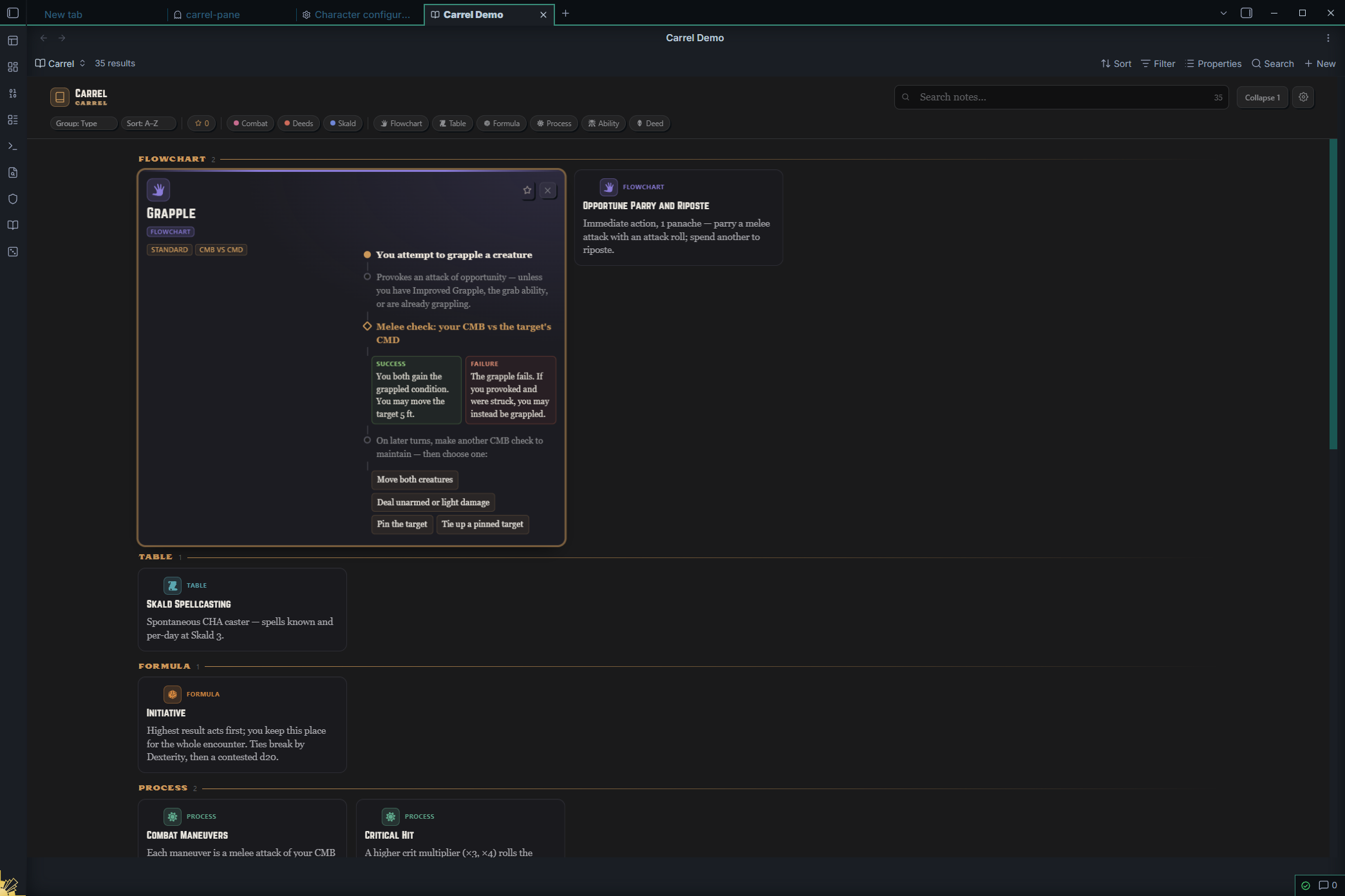 A `.base` file in the Carrel view: filtered notes rendered as the column-balancing board, grouped into type sections, with a flowchart card expanded