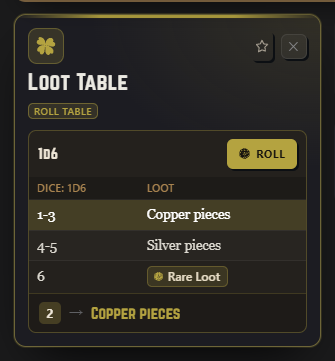 A Roll Table card: a 1d6 loot table with a Roll button, the matched row highlighted, a nested "Rare Loot" reference chip, and the rolled result shown below