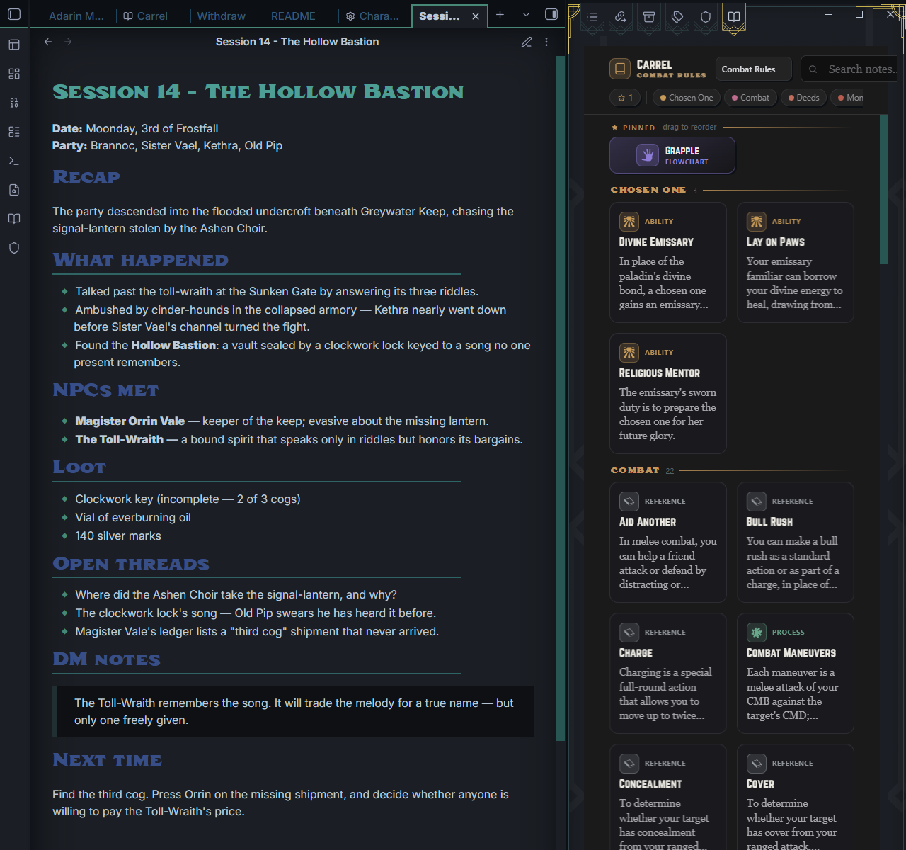 Carrel docked in the sidebar as a rules reference (Ember theme), beside a campaign session note