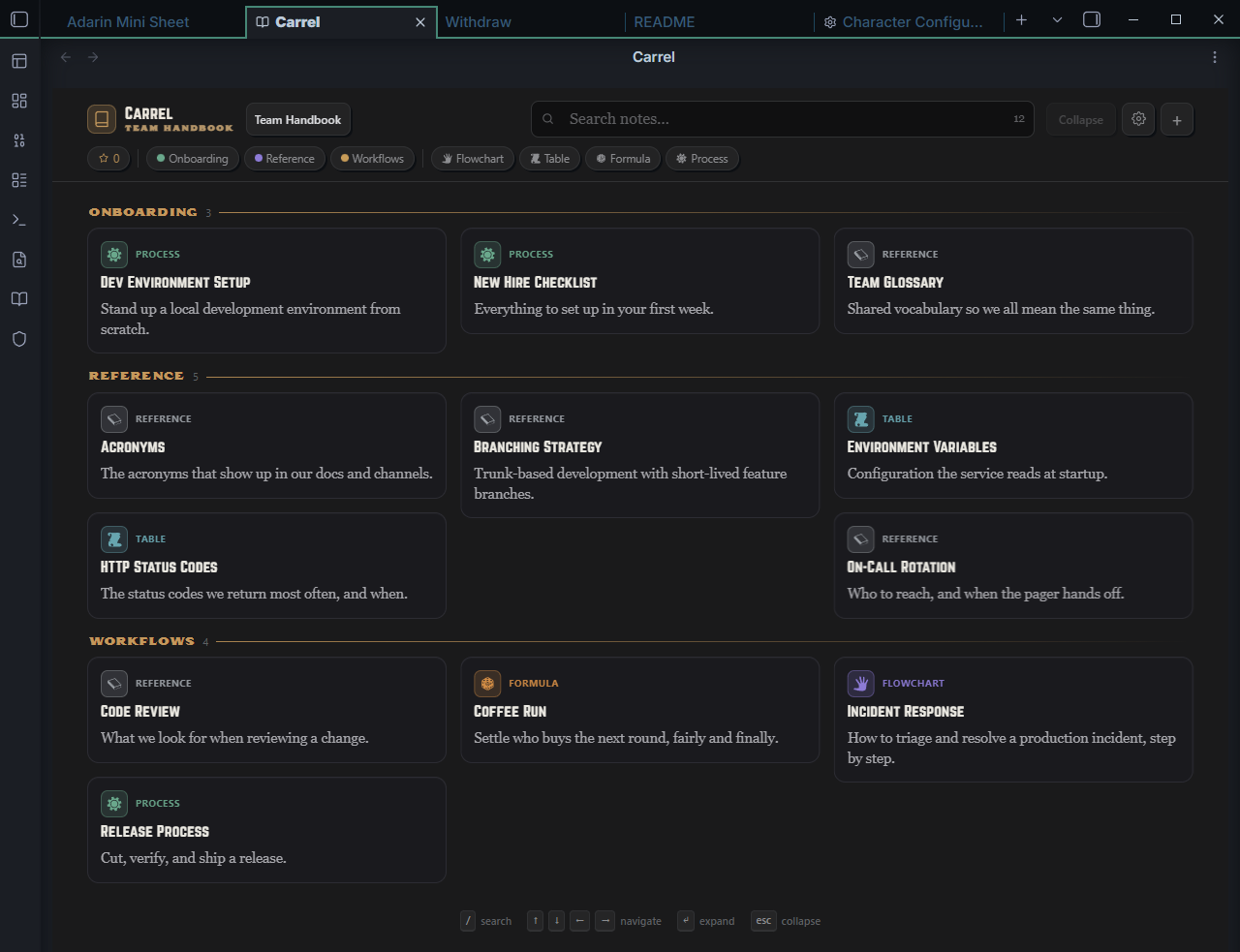 The Carrel board in the Ember theme — gold section headers and display-font card titles