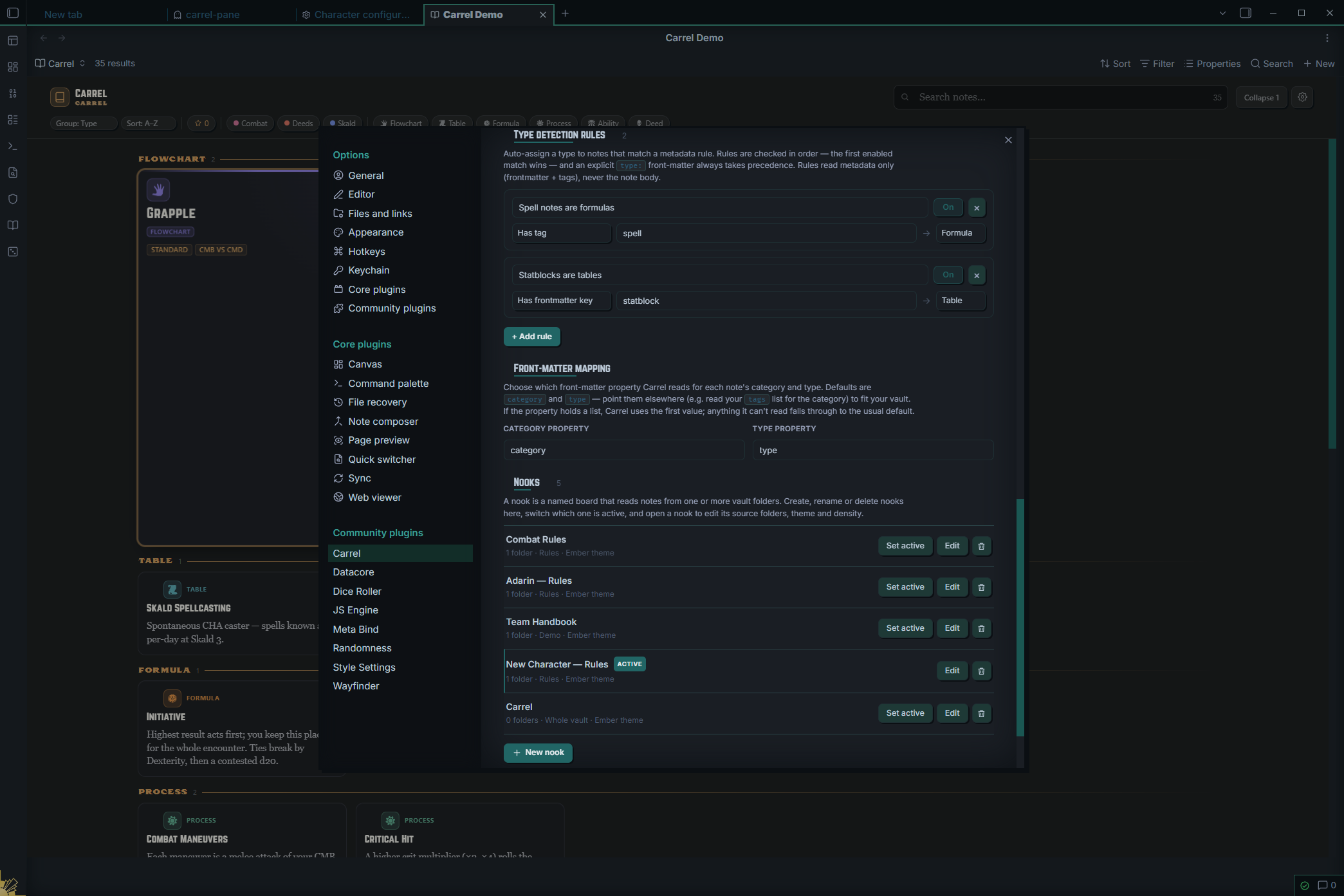 Carrel's Type detection rules editor — two rules mapping a tag and a frontmatter key to target types, each with an enable toggle and target dropdown