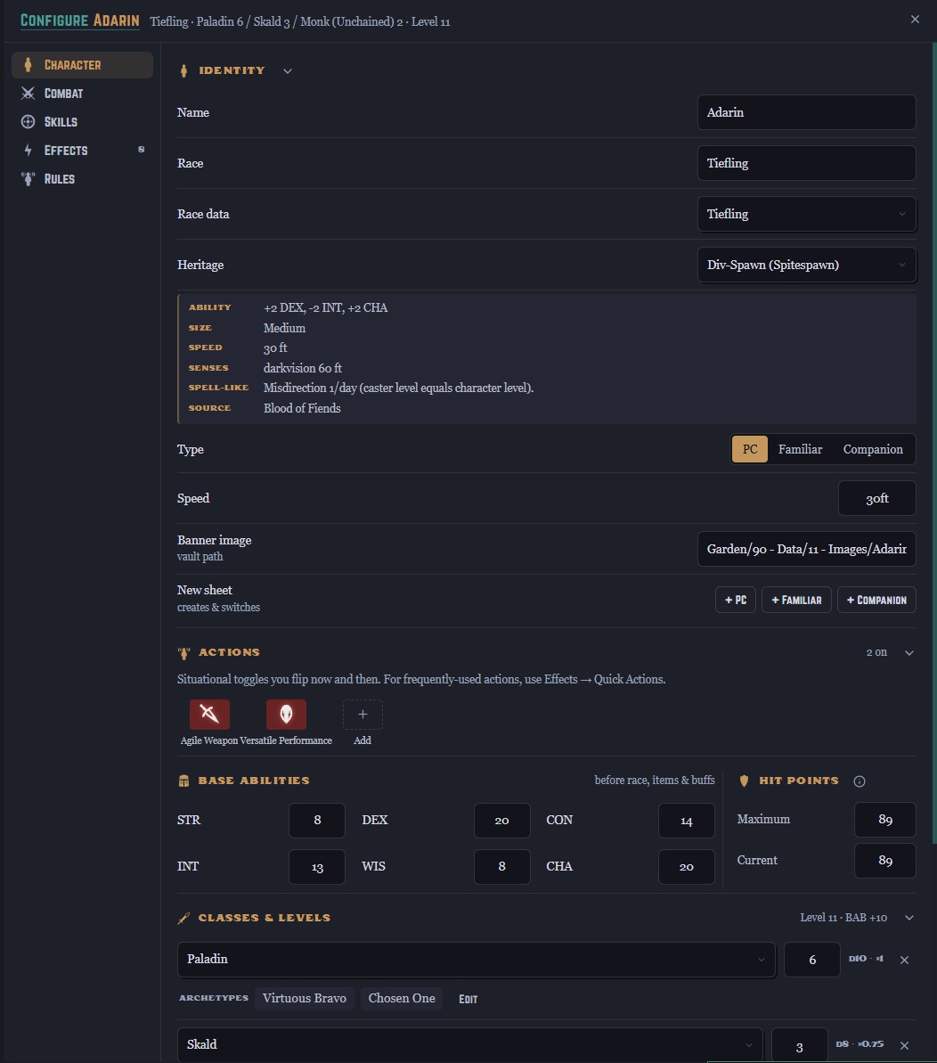 The character configuration screen showing the Identity section: name, race, a heritage dropdown with its trait block, the PC / Familiar / Companion type selector, base ability scores, and the first class row with its archetypes.