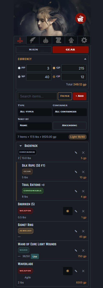 A character's Gear subtab: items grouped by type with quantity, weight, value, and an encumbrance readout.
