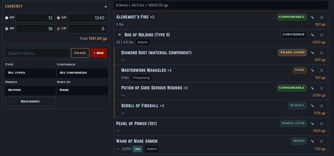 The party inventory: a shared currency panel beside a list of loot with type badges, weights, values, owners, and a nested container.