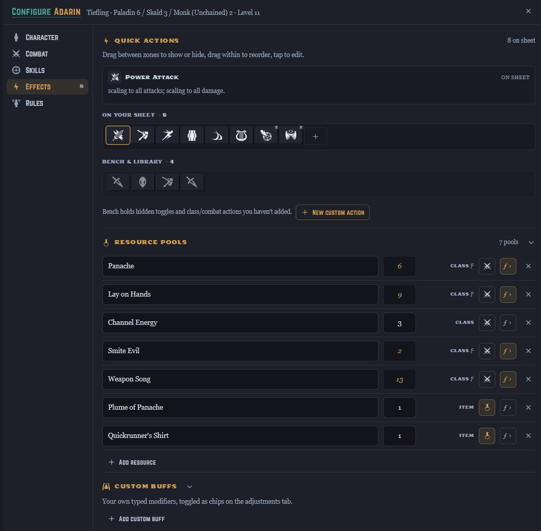 The Effects configuration screen showing the two-zone Quick Actions layout — actions on the sheet versus on the bench — above a list of resource pools with their per-pool maximums and source tags.