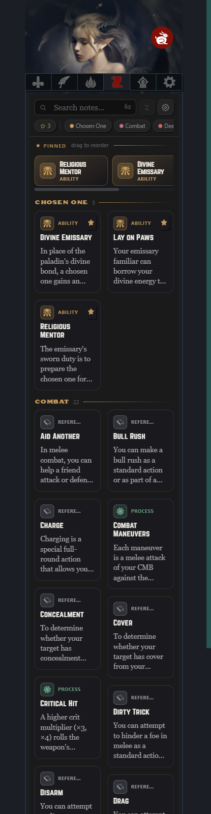 The References tab showing a search box, category filters, and a set of typed rule cards drawn from linked vault notes.