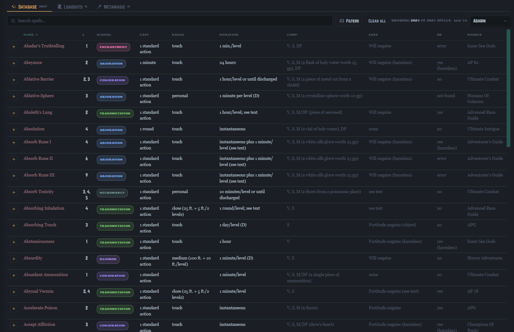 The spell database showing a searchable, sortable table of spells with level, school, casting time, range, duration, components, save, spell resistance, and source columns.