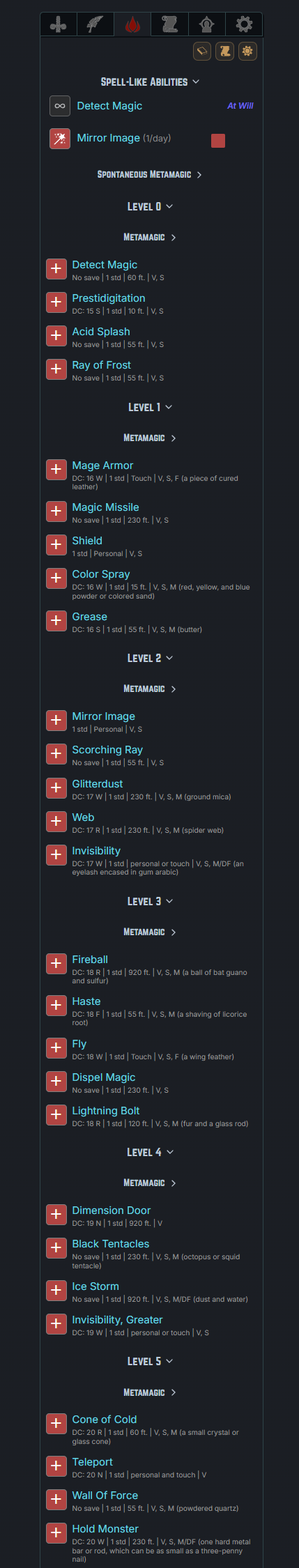 The Spells tab for a 13th-level Arcanist: spell-like abilities, then known spells laid out level by level from cantrips through 5th, each with per-day trackers and metamagic.