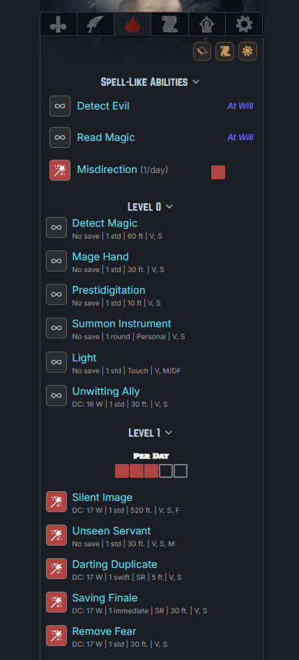 The Spells tab for a partial caster: spell-like abilities at the top, then a few known cantrips and first-level spells with slot trackers.