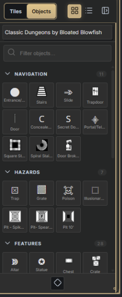 The object drawer showing an installed "Classic Dungeons by Bloated Blowfish" content pack, with Navigation, Hazards, and Features categories