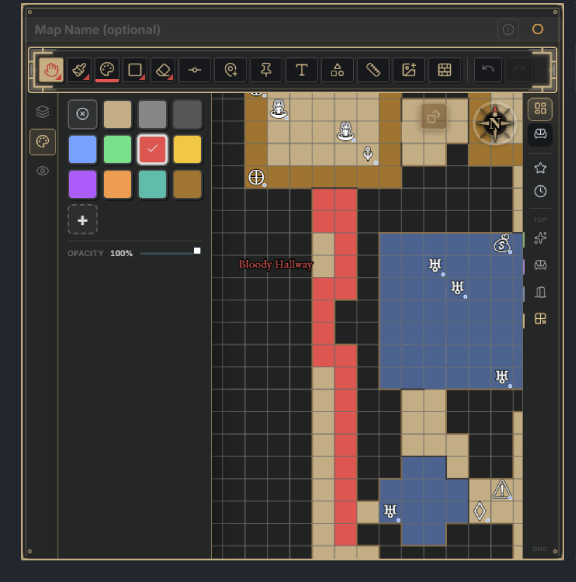 A grid dungeon painted inline in a note: the color palette open on the left, painted cells, placed objects, and a "Bloody Hallway" text label