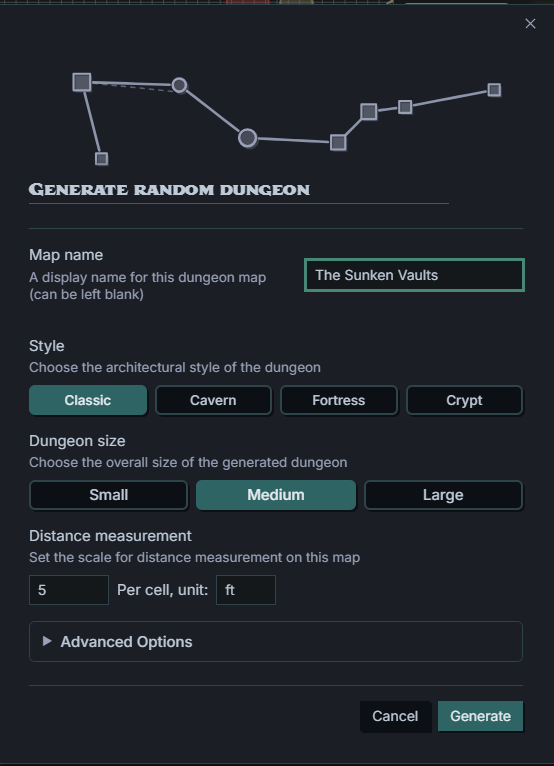 The Generate Random Dungeon modal, with its live layout preview, style and size selectors, and distance settings