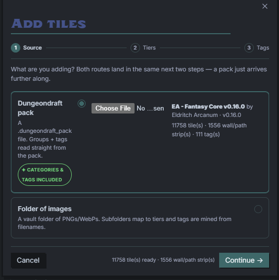 Add tiles wizard, step 1: choosing a Dungeondraft pack or a folder of images as the source