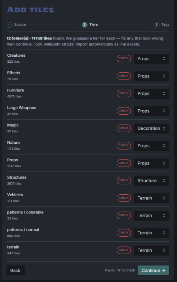 Add tiles wizard, step 2: confirming the auto-guessed strata for each category