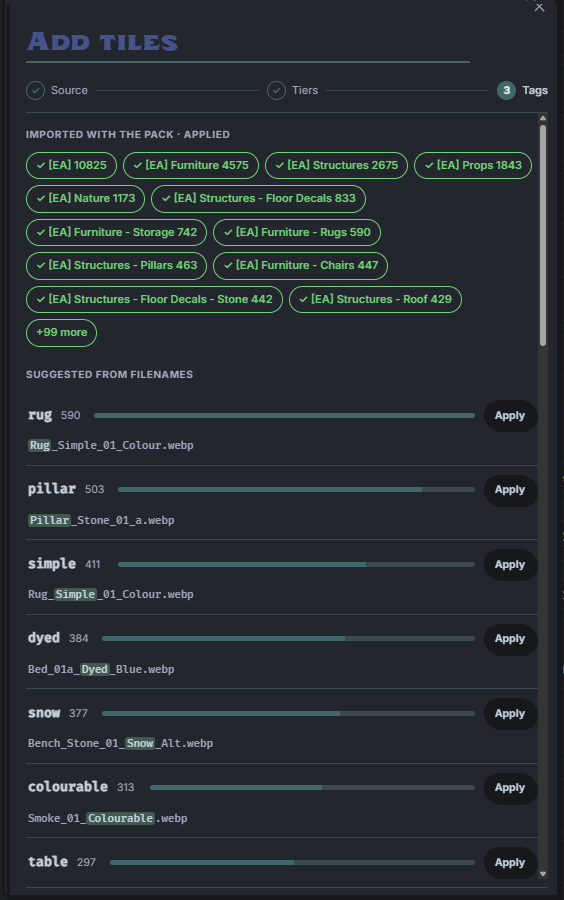 Add tiles wizard, step 3: tags imported from the pack plus tags suggested from filenames