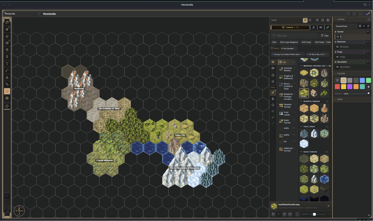 The full Windrose interface in a workspace tab: a hex world map on the canvas, painted with image tiles and stocked with objects, and the tile drawer docked at the right