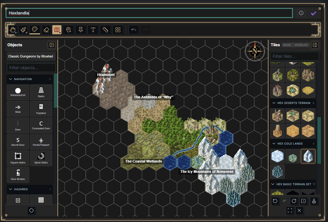 A hex world map named Hexlandia with named regions, objects, and painted terrain tiles, the tile drawer docked at the right