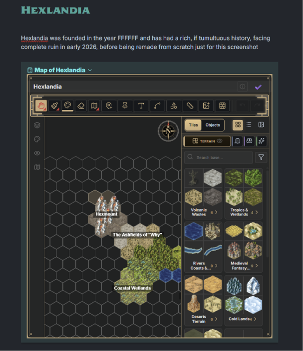 A hex map embedded inline in a note: ordinary note text above, then a "Map of Hexlandia" callout containing the live, fully interactive map block