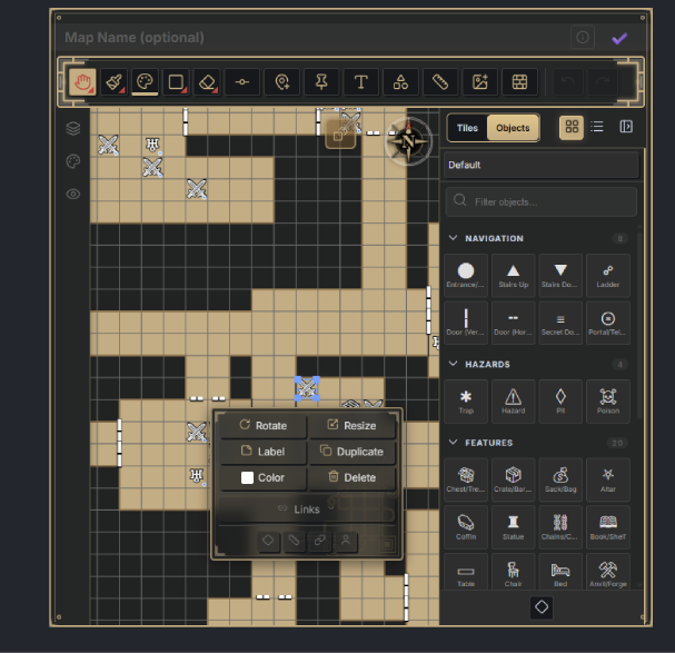 A dungeon map inline in a note with objects placed across it, the object browser open on the right and a selected object's menu showing rotate, resize, label, duplicate, color, delete, and link actions