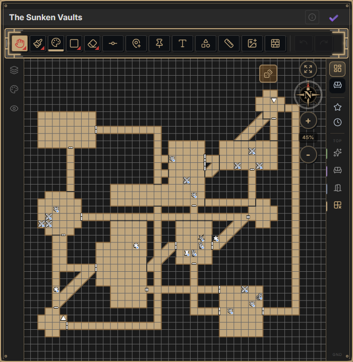 A generated dungeon: rooms and corridors stocked with monsters, traps, doors, and furniture
