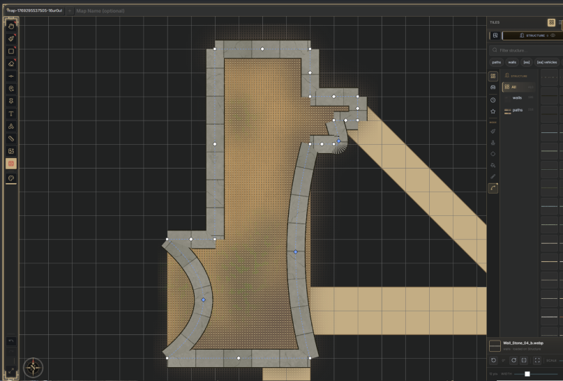 Drawing walls with the wall/path tool in full-pane view: a room outlined in stone wall segments with draggable vertices and a bowed, curved wall