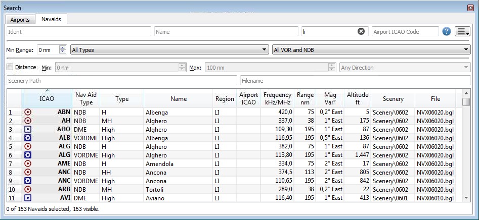 Navaid Search Result Table