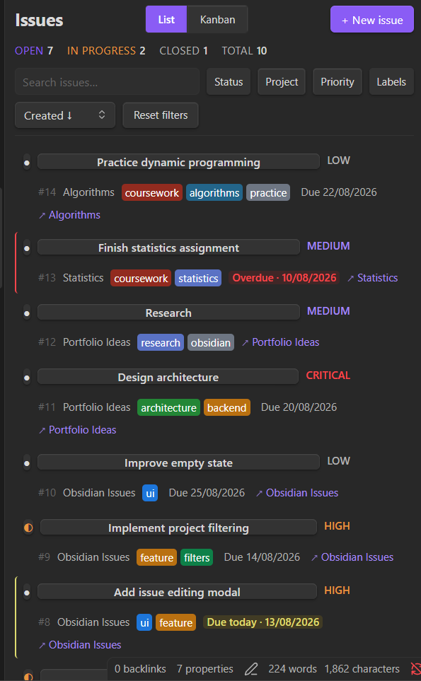 Issues sidebar in list layout