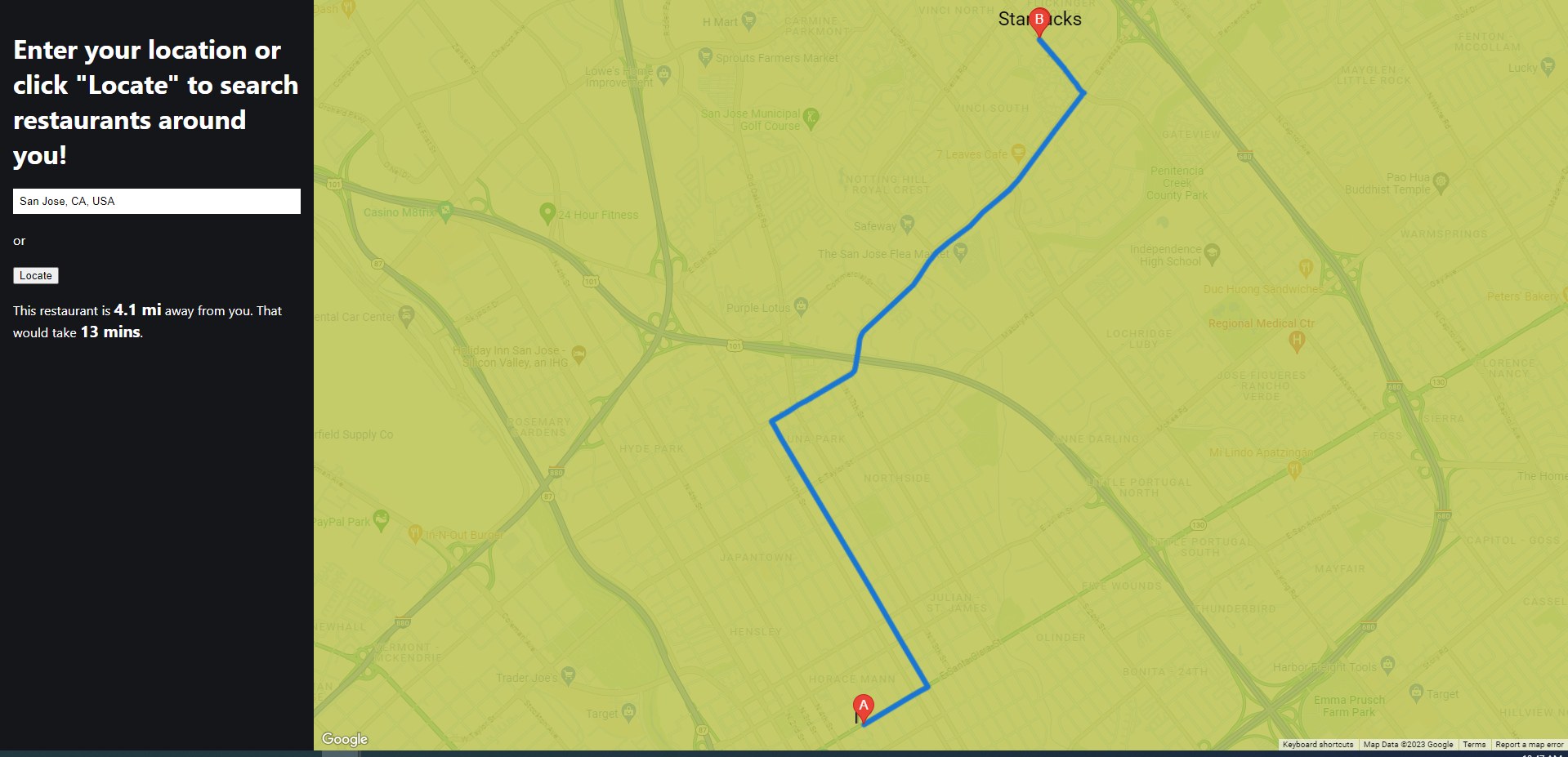 Show Direction to Restaurant and Calculate Distance and Time