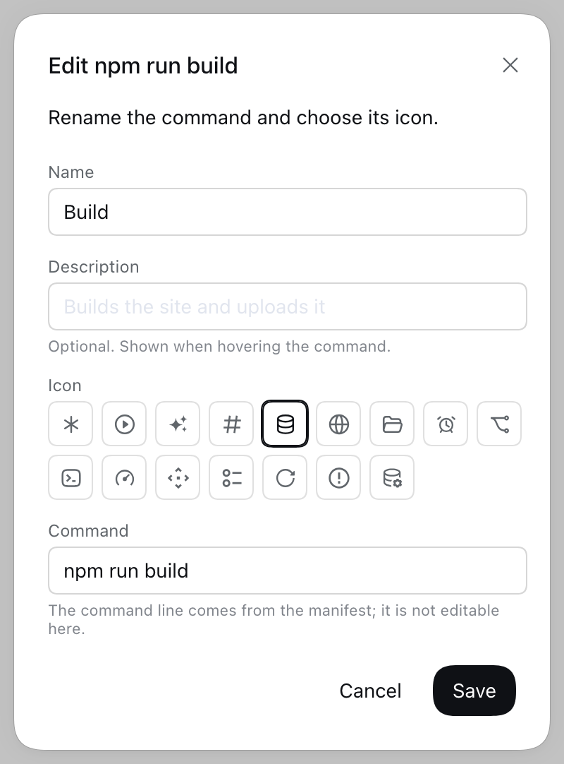 The edit dialog: rename a command and choose its icon