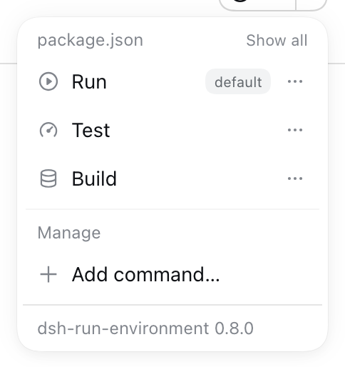 The command menu: commands grouped by manifest, custom commands, and management