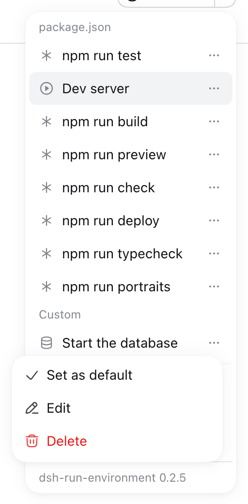 A command row's options: set as default, edit, or delete