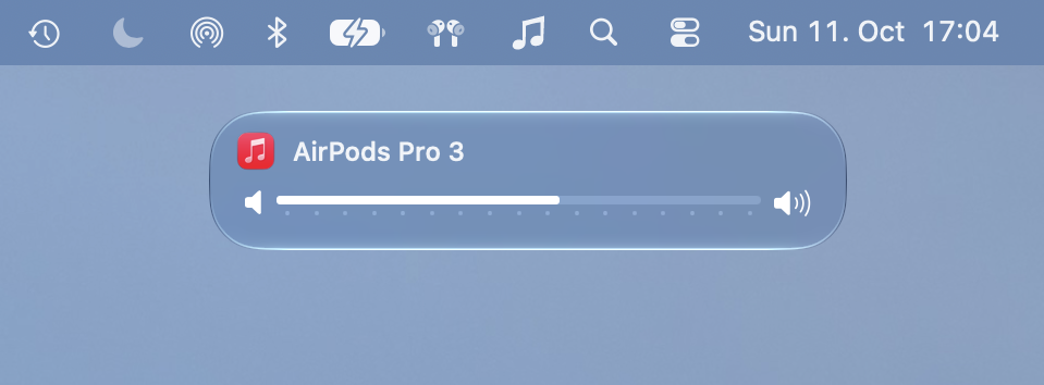 Volume Control's HUD under the menu bar, showing Apple Music's icon, the output device AirPods Pro 3 and the volume slider