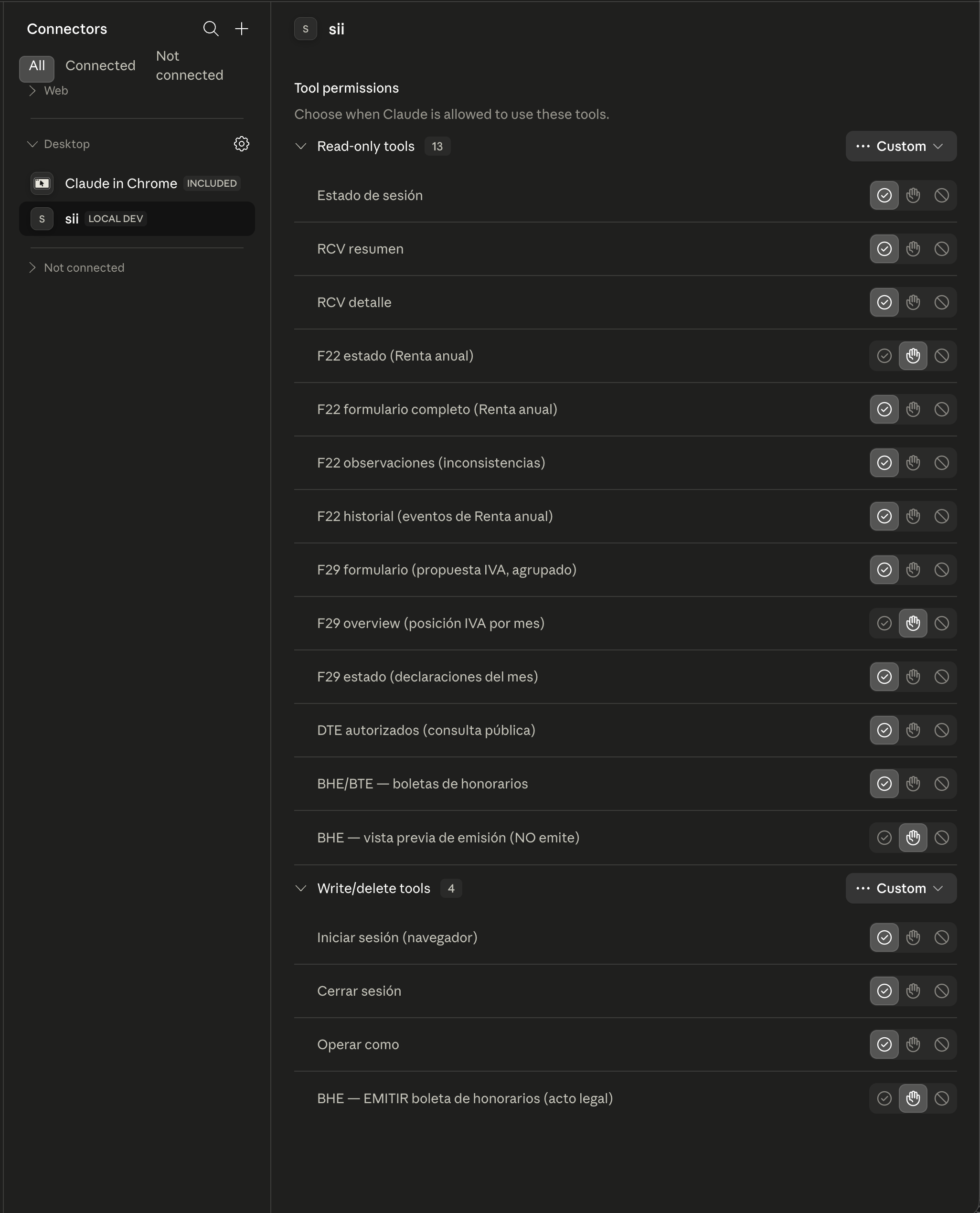 Herramientas del conector sii en Claude Desktop — 13 de lectura + 4 de escritura/borrado