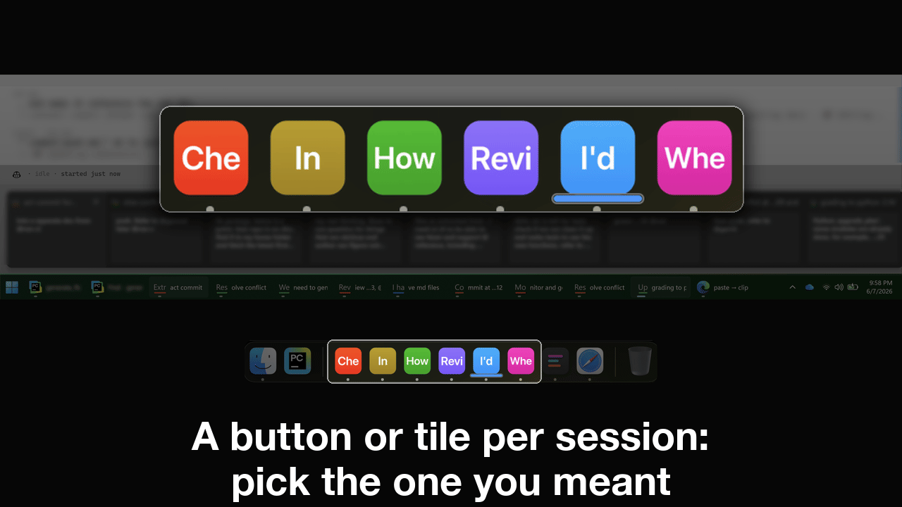 stills from the terminal: session tiles, the picker, commenting on output, writing on a plan, a curated review, and phone status and session views