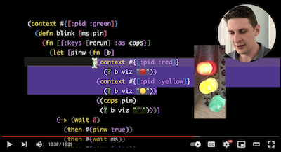 screenshot of a clojure live programming environment showing the current state of some leds of a remote raspberry pi