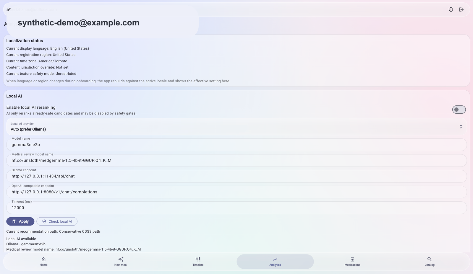 Analytics screen with localization status and local AI configuration fields