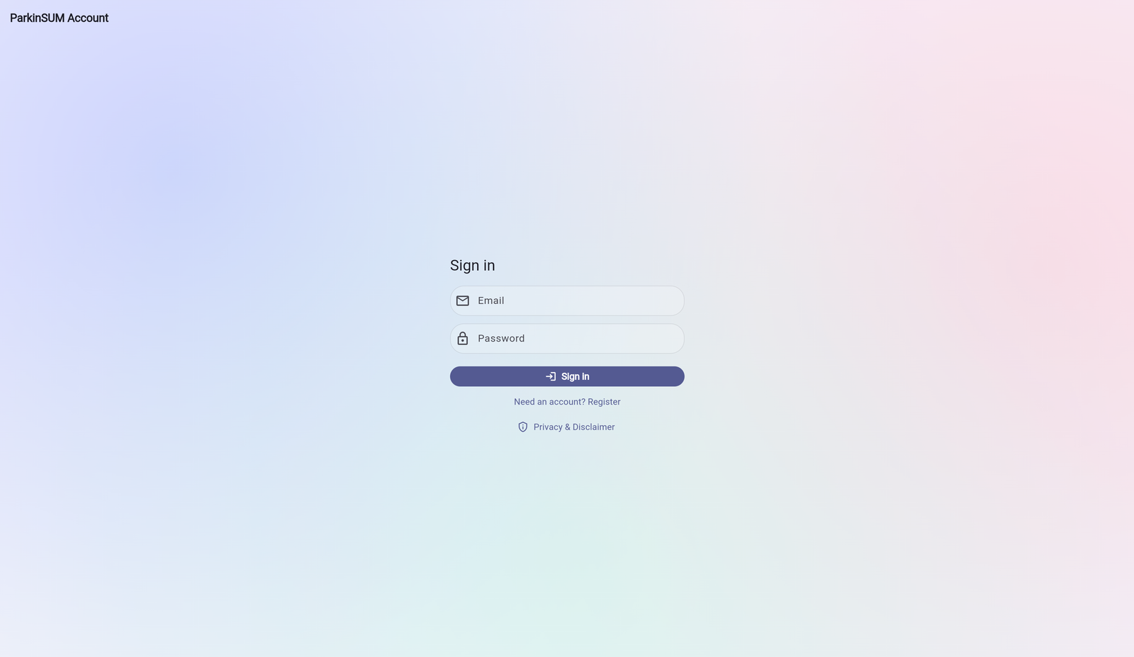 ParkinSUM sign-in screen with synthetic local demo styling