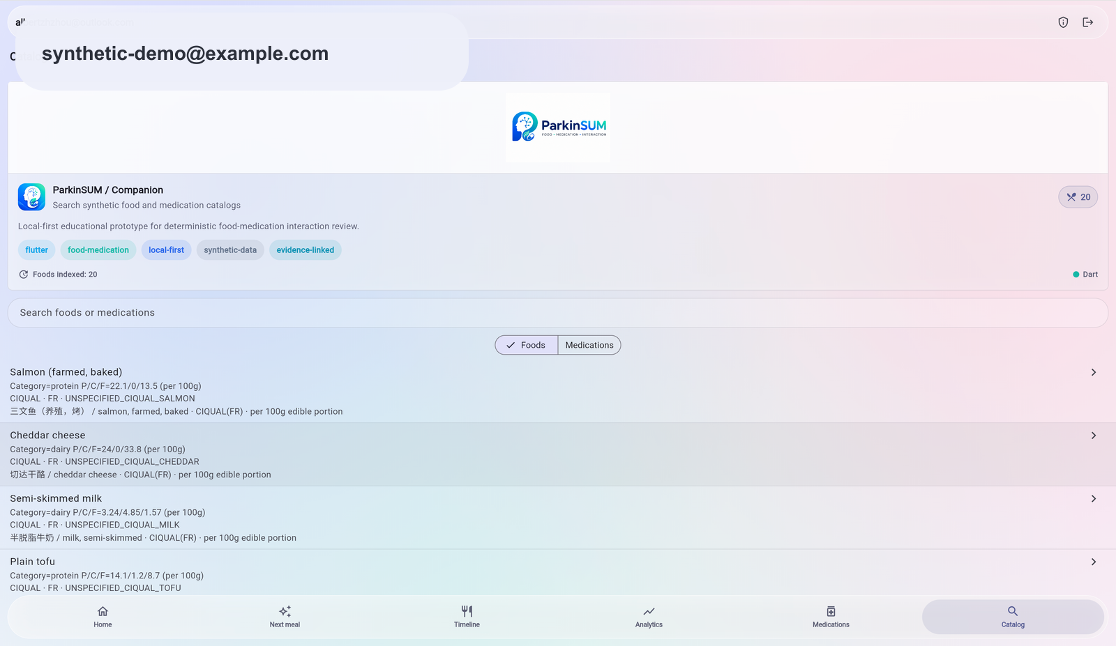 Catalog page with ParkinSUM branded showcase module and searchable foods