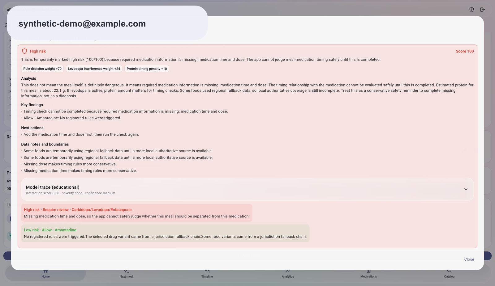 Meal check conflict explanation dialog with conservative high-risk educational copy