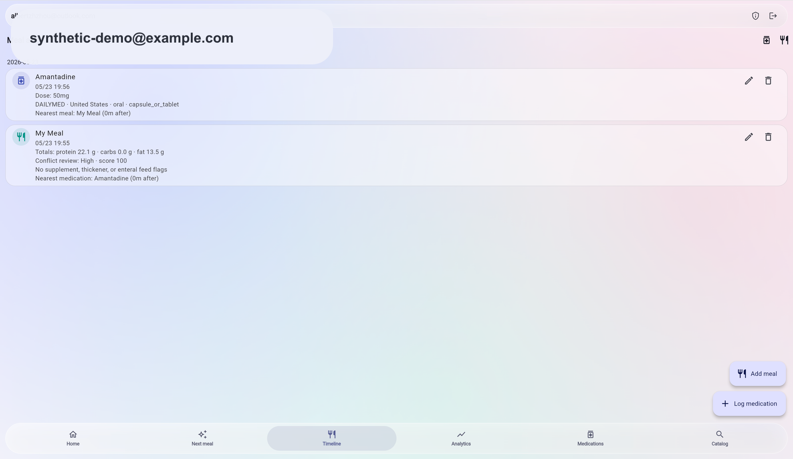 Timeline action state with add-meal and log-medication controls