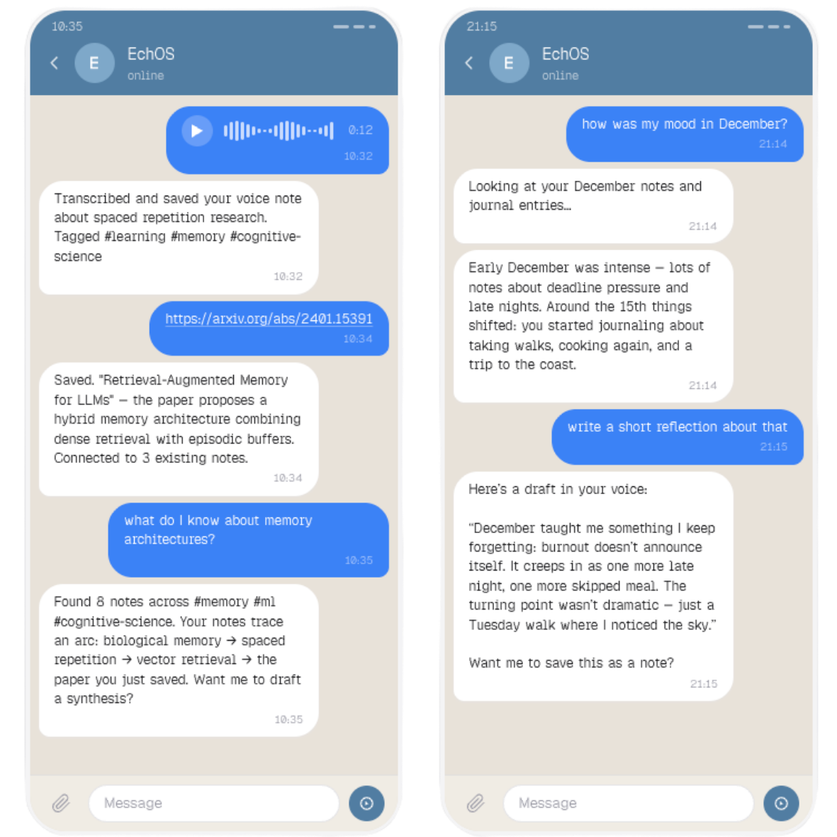 EchOS Telegram conversation