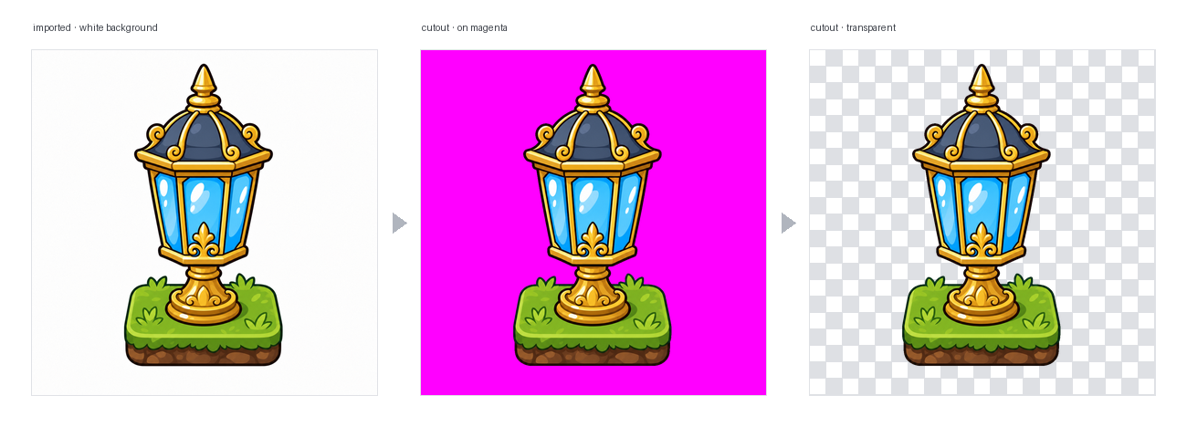 cutout: a white-background game icon turned into a clean transparent PNG, glass highlights preserved