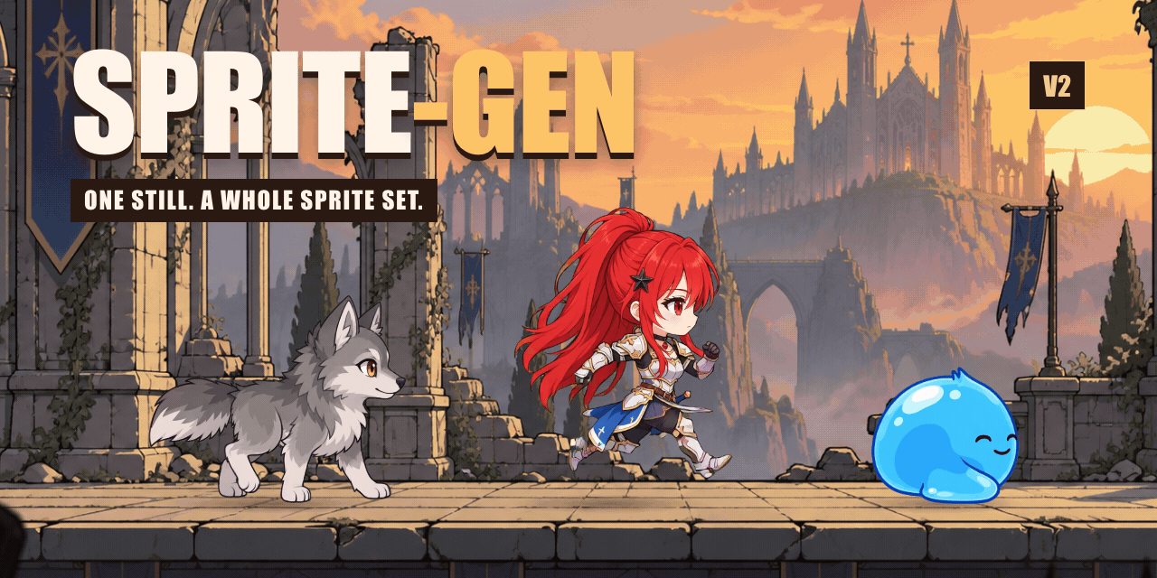 Animated sprite-gen v2 showcase: paladin, wolf and slime